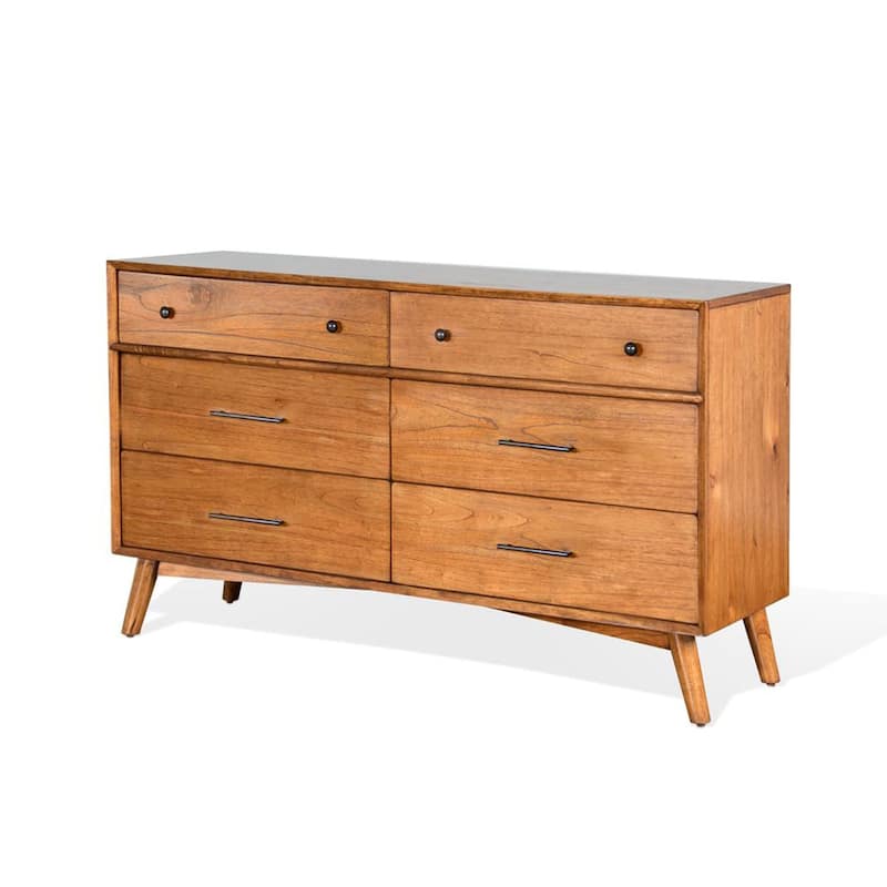 Amy 60 Inch Wide Dresser, 6 Drawers, Angled Legs, Brown Solid Wood