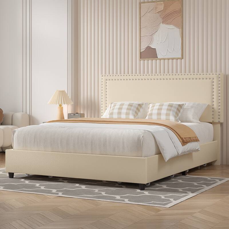 VECELO Upholstered Storage Bed Frames with 4 Storage Drawers, Platform Bed Frame with Adjustable Velvet Rivets Headboard