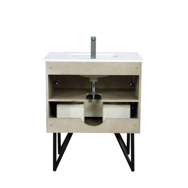 Lancy 30 in W x 20 in D Rustic Acacia Bath Vanity, White Quartz Top, Chrome Faucet Set and 28 in Mirror
