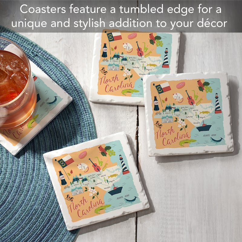 North Carolina Home 4-Pack Absorbent Stone Coasters with Protective Cork Backing 4" Square Made in The USA Easily Wipes Clean