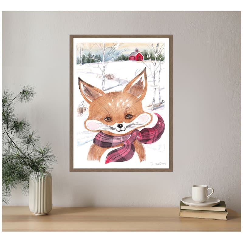 Kate and Laurel Framed Canvas Fox With Scarf In Winter by Patricia Shaw