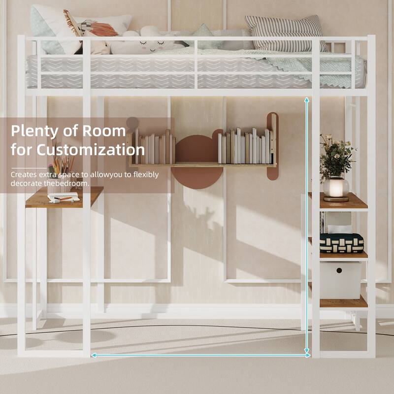 Iron frame bed with bed and table with stairs on both sides