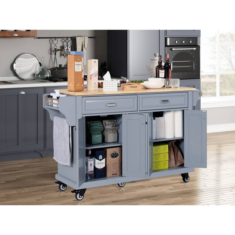 Kitchen Island with Rubber wood Countertop, Kitchen Cart on 5 Wheels with Storage Cabinet and 2 Top Drawers