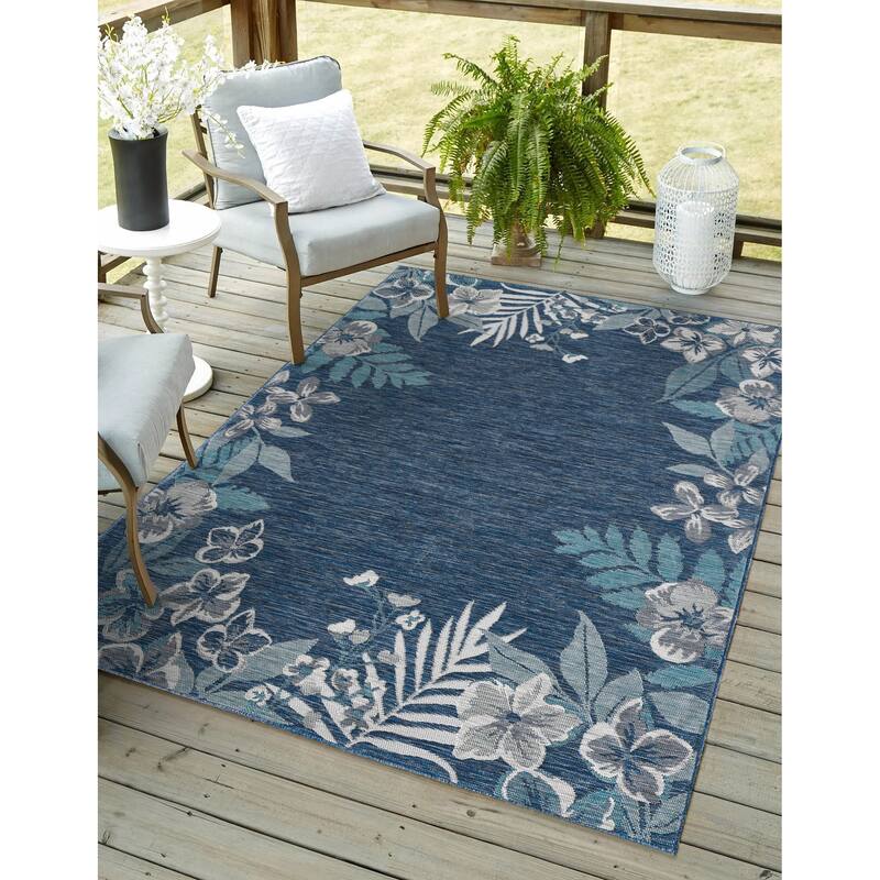 Domani Novarro Coastal Floral Bordered Reversible Indoor / Outdoor Area Rug