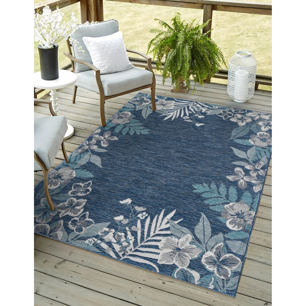 Domani Novarro Coastal Floral Bordered Reversible Indoor / Outdoor Area Rug
