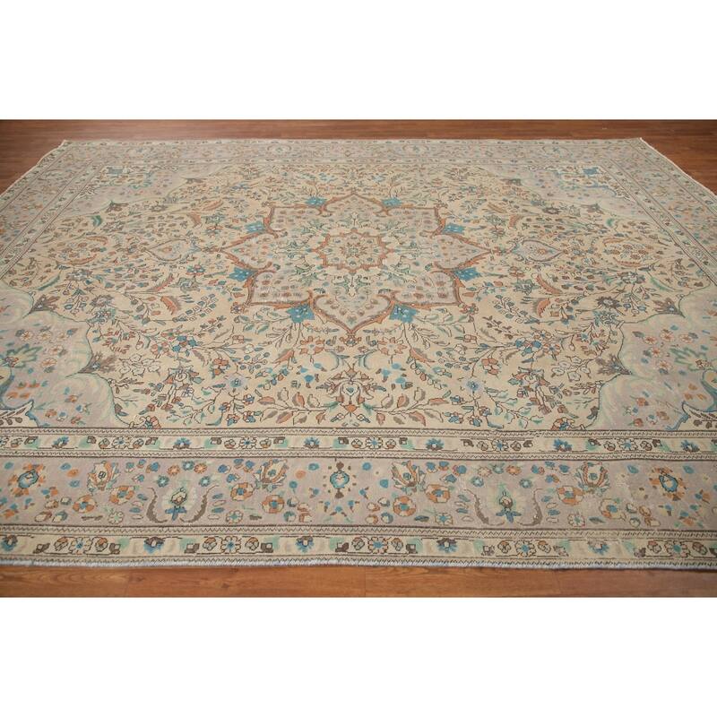 Hand Knotted Oriental 100% Wool Carpet Traditional Floral Beige & Ivories Tabriz Area Rug - 12' 8'' X 9' 8''