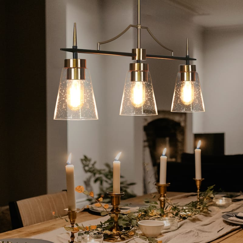 Mid-century Modern 3-Light 27.5W Linear Seeded Cone Glass Kitchen Island Pendant Dining Room Chandelier - L 27.5" * W 5"* H 11"