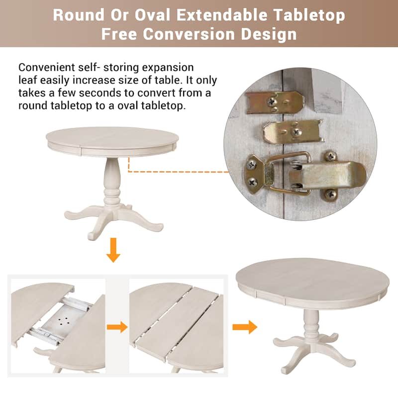 5 Piece Wood Dining Table Set, Kitchen Dining Table Set with Extendable Round Dining Table and 4 Chairs with Backrest