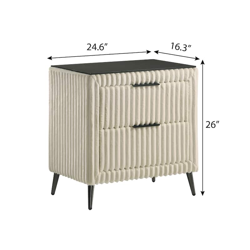 Roundhill Furniture Mavela Wide Wale Corduroy Upholstery Panel Bed with 2 Nightstands and Bench, Cream