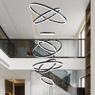 Modern 8-Ring LED Chandelier - Smart Remote Control Dimmable Ceiling Light for High Ceilings, Adjustable Height Luxury Fixture
