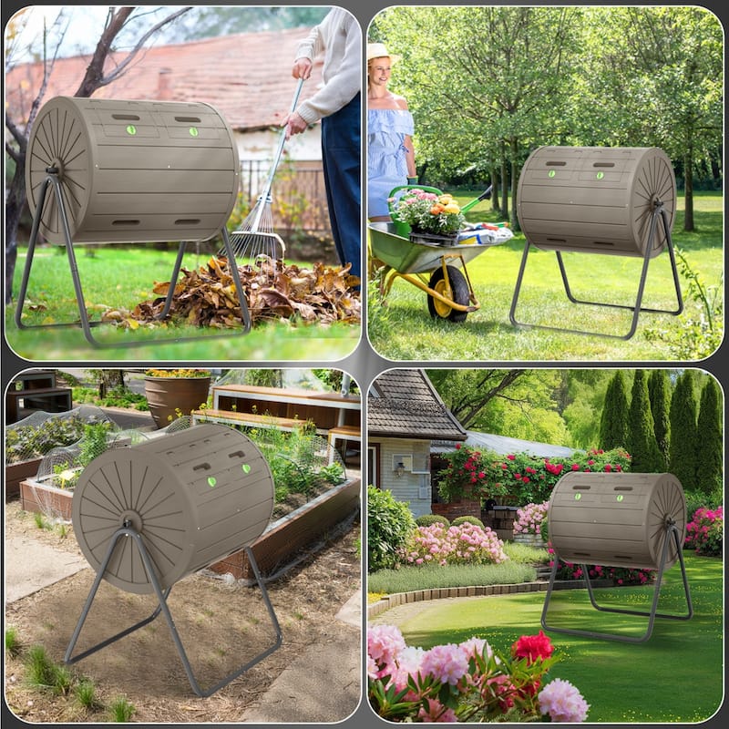 Dual Chamber Tumbling Composter, 43 Gallon Outdoor Tumbling Composter, Rotating Design with Renovate Doors and Steel Frame