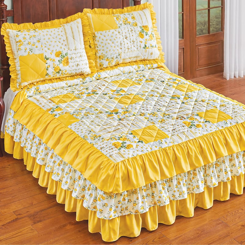 Beautiful Floral Patchwork Ruffled Quilt Top Bedspread