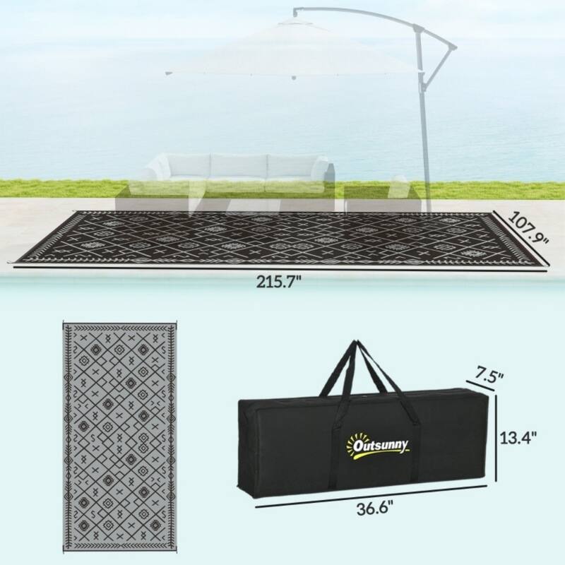 Reversible Outdoor Rug Rhombus Pattern, UV-Protected Foldable Polypropylene Mat with Carry Bag - 215.7" L x 107.9" W