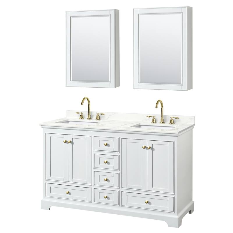 Deborah 60-inch Double Vanity, Quartz Top, Medicine Cabinets - White, Gold Trim, Giotto Quartz Top
