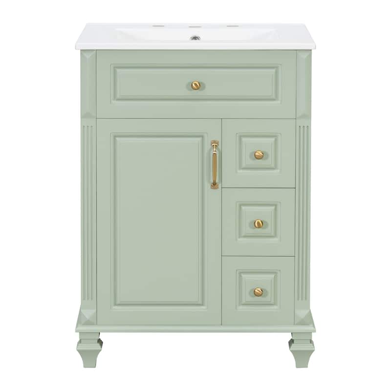 24"Bathroom Vanity with Sink, Freestanding Vanity Cabinet with Flip-Out Drawer, 3 Drawers & Storage Cabinet, Ceramic Sink Top