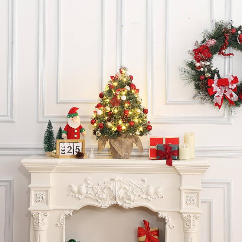 2/ 3ft Artificial Tabletop Christmas Tree with LED Lights with Burlap Base for Dining Room