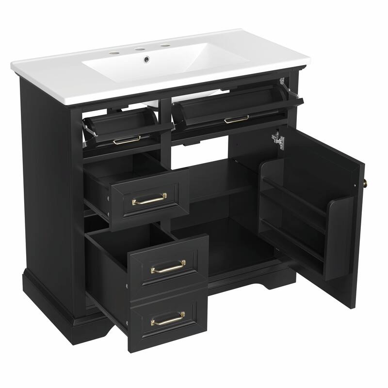 36-Inch Bathroom Vanity with Ceramic Sink Top - 4 Drawers and 1 Soft-Close Door