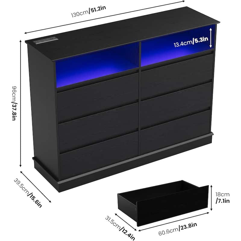 6-Drawer Dresser w/ LED Lights & Charging Station, Wide Storage