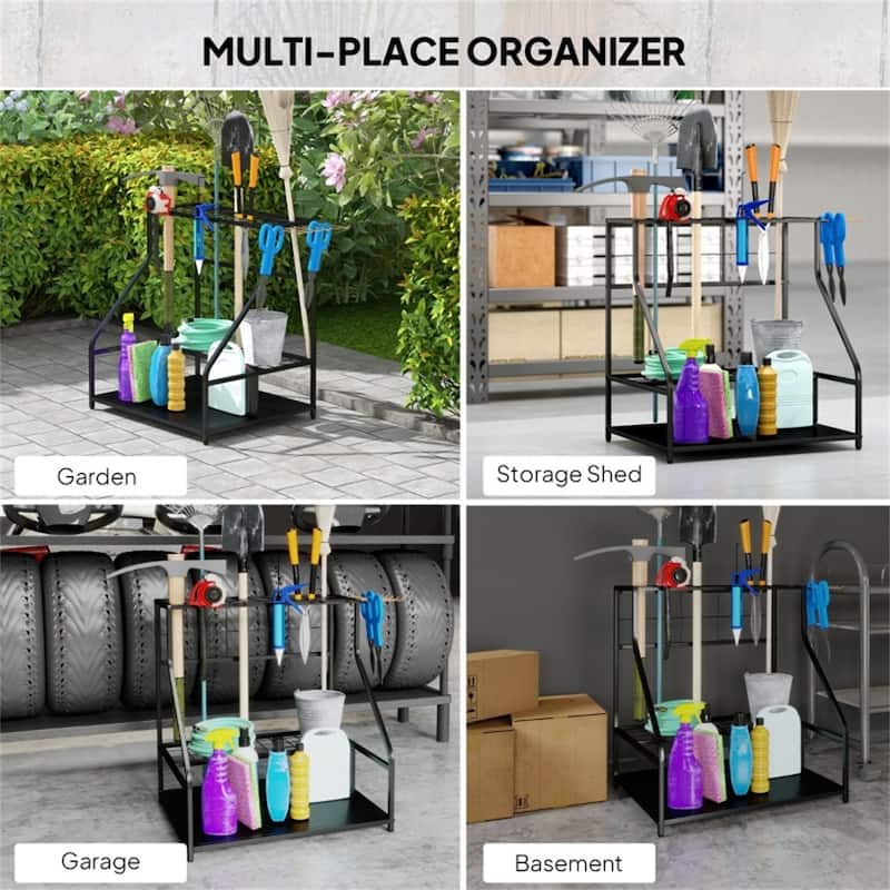 3 Tier Garden Tool Storage Rack Metal Organizer with Hooks and Shelves for Indoor and Outdoor Use - 33.1" L x 20.9" W x 28.7" H