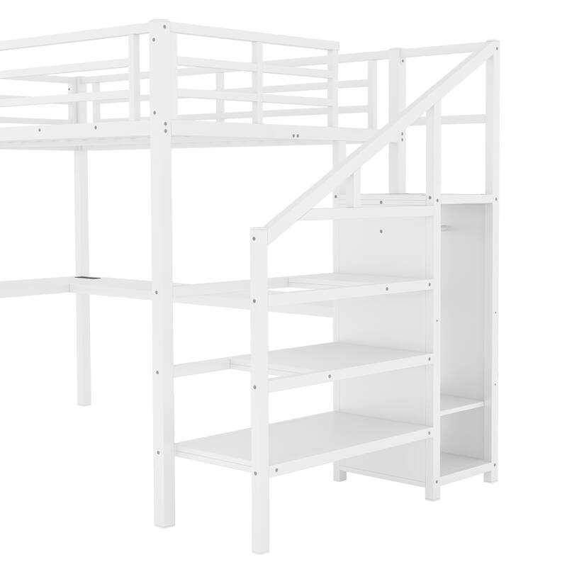 Full Size Loft Bed with L-shaped Desk and USB, Metal Loft Bed with Wardrobe and Adjustable Shelf, High Loft Bed with LED
