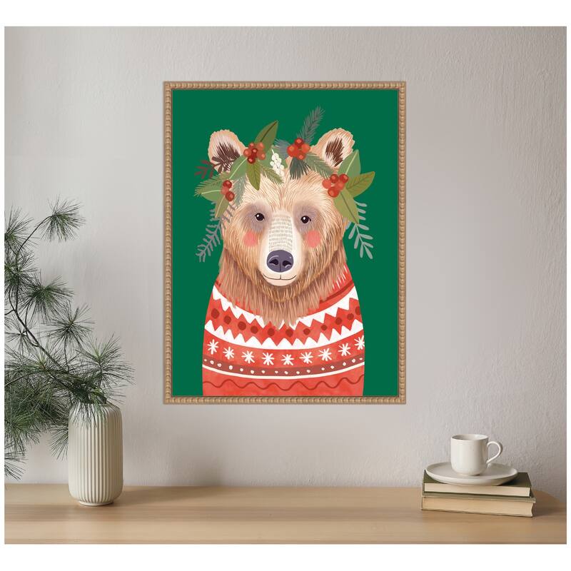 Kate and Laurel Sylvie Beaded Christmas Bear Framed Canvas by Mia Charro