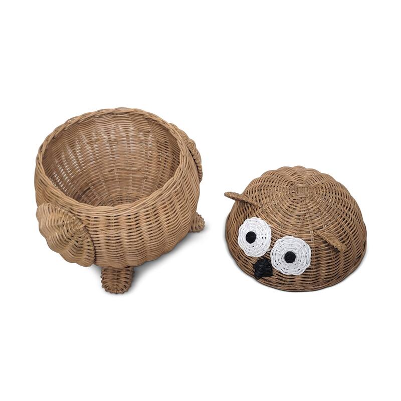 Brown Owl Rattan Storage Basket with Lid Decorative Home Decor Hand Woven Shelf Organizer Cute Handmade Handcrafted Gift Art