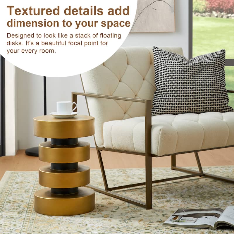 Glitzhome 18"H Modern Antique Gold/White MGO Floating Disks Side Table or Accent Stool - 12"L x 12"W x18"H