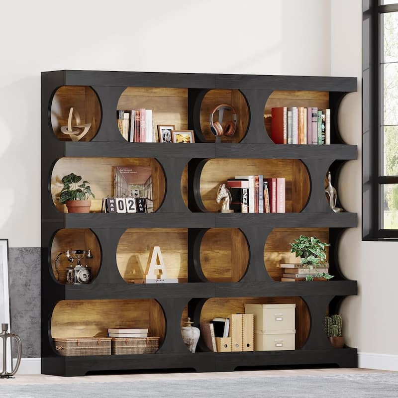 71 Inches Tall Bookcase, 4-Tier S-Shaped Bookshelf, Wood Decorative Storage Shelving - 2PCS - Black & Wood