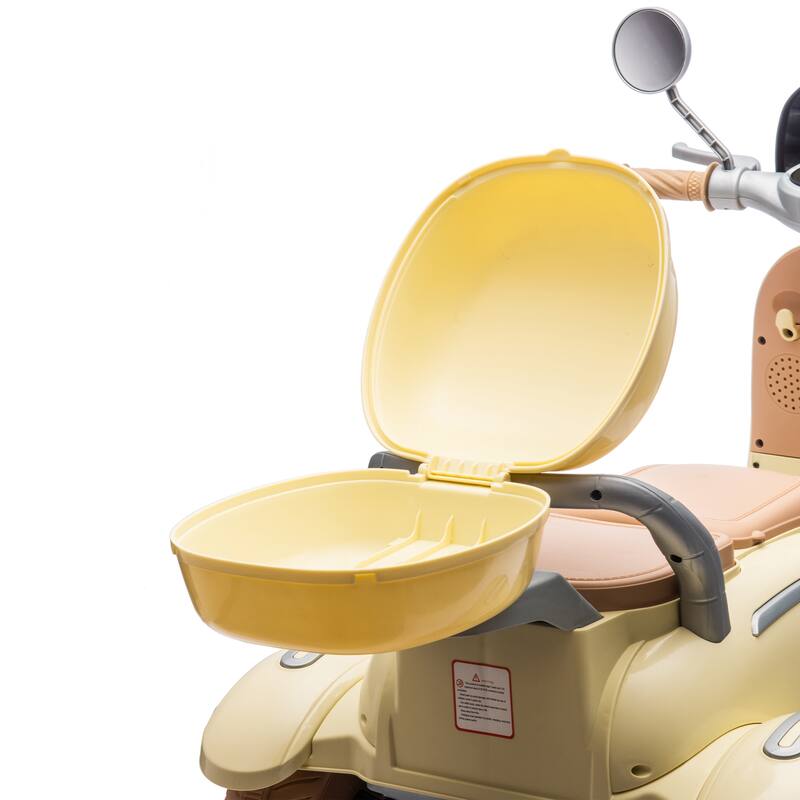 12V Ride-On Two-Seater Motorcycle for Kids, Three-Wheel Design, USB, Bluetooth, Adult Seat Flip, and Storage for Ages 3-6.