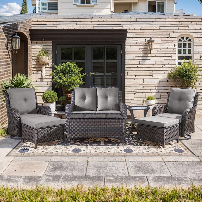 Pocassy Outdoor Sofa Swivel Chairs Table Ottoman 4 Inch Set - Brown Wicker Grey Cushion - 7 Pieces 2-Seat Sofa Swivel Chair Table Ottoman