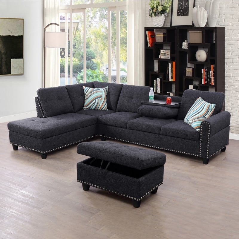 Rivet-Embellished 3-Piece Black Grey Linen Sofa Set - Elevate Your Living Room Style - Black Grey