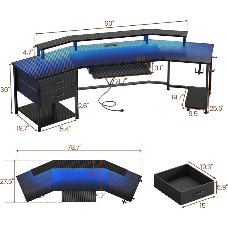 79" Gaming Desk 2 Fabric Drawers Gaming Table Power Strip & LED Lights