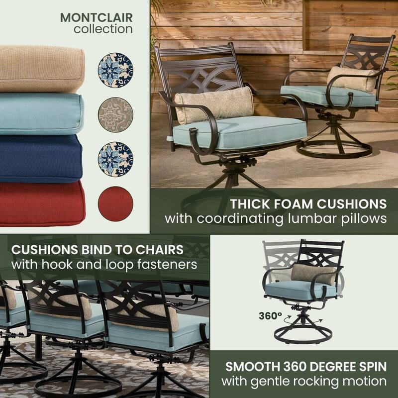 Hanover Montclair 9-Piece Dining Set in Ocean Blue with 8 Swivel Rockers and a 42-In. x 84-In. Table