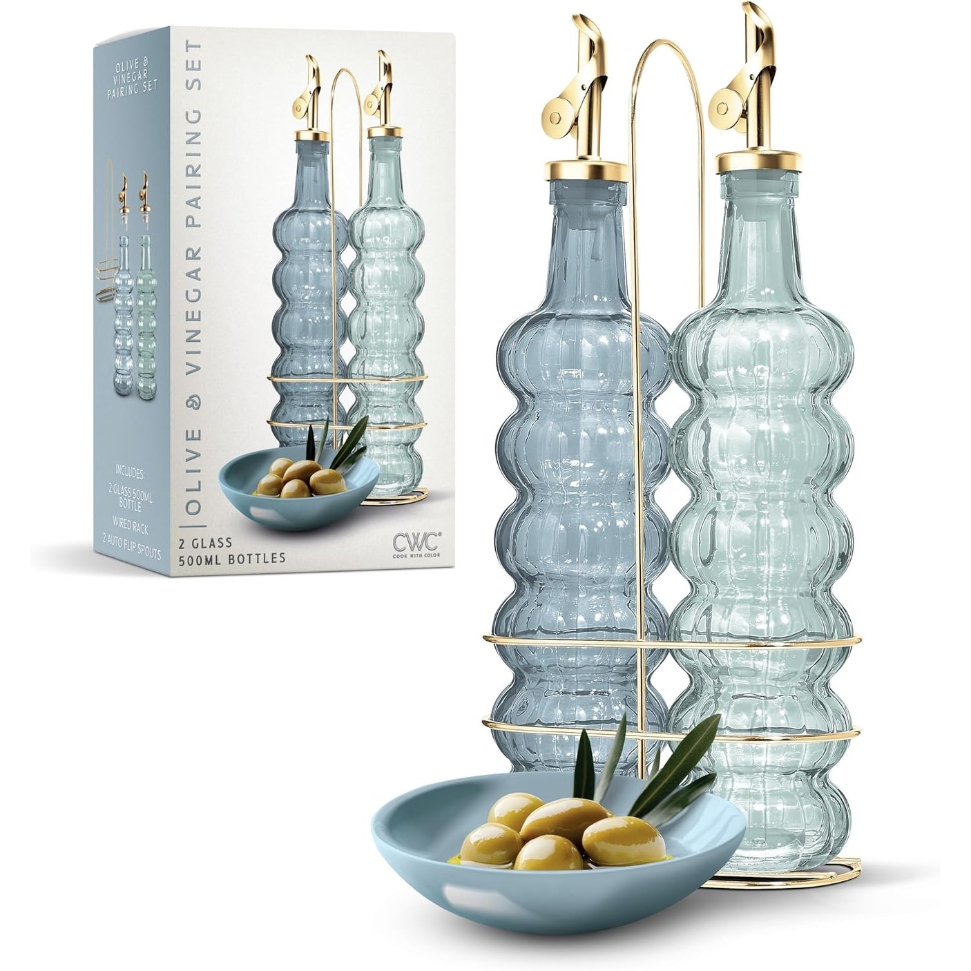 COOK WITH COLOR Glass Olive Oil Bottle Dispenser - 2 Pack- 17oz Oil and Vinegar Carafe Decanter