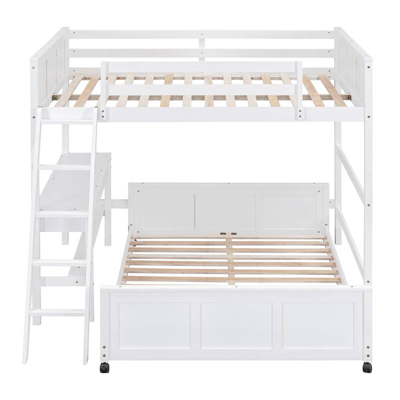 Bunk Bed with Built-in Desk and 2 Drawers, Wooden Separated Bedframe