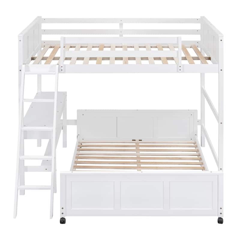 Full Over Full Bunk Bed, Platform Bed with Wheels, Loft Bed with Built-in Desk, Drawers, Ladder and Guardrail for Kids, Teen