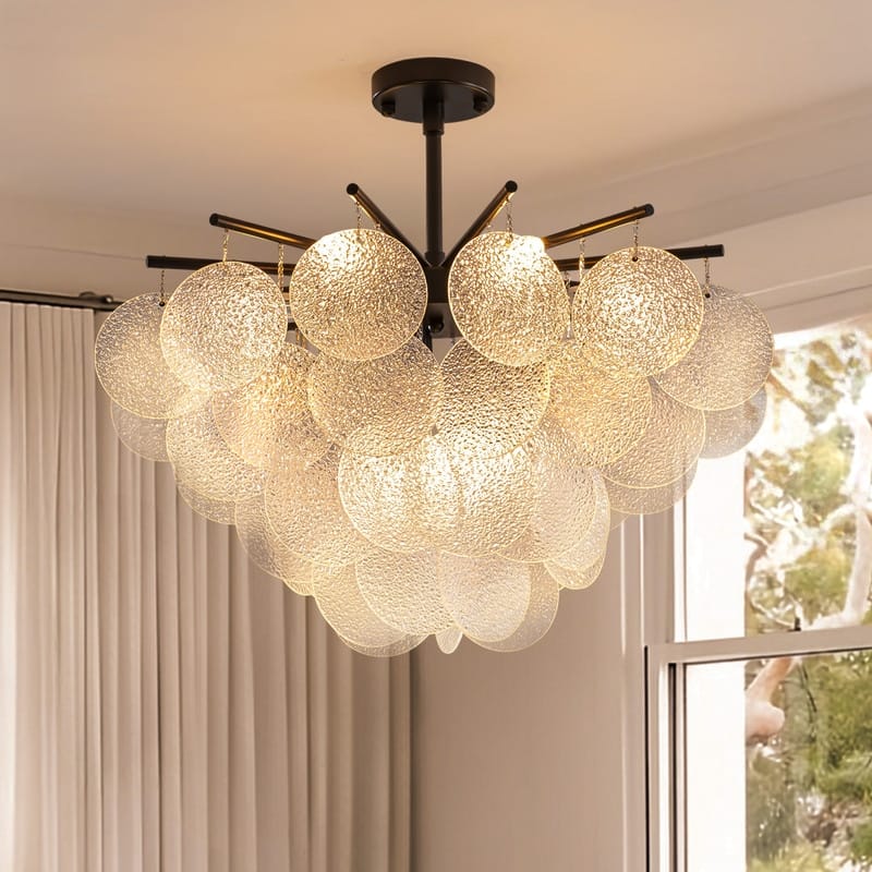 23.6" Modern 4-Tier Farmhouse Glass Chandelier, 9-Light Seeded Glass Dining Room Pendant Light - N/A