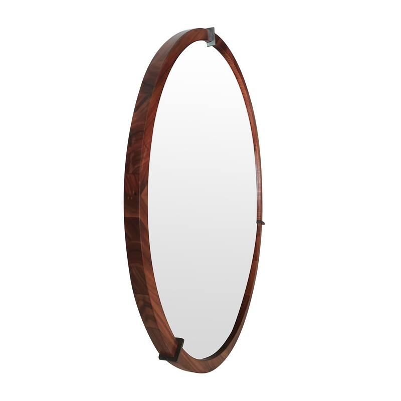 Mid-Century Modern Round Accent Mirror - Brown Walnut Wood & Veneer