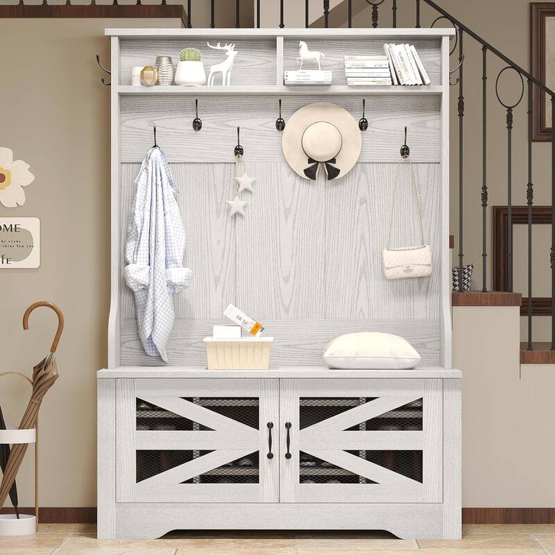 Hall Tree w/ Bench Shoe Storage Shoe Cubby Barn Door Adjustable Shelf