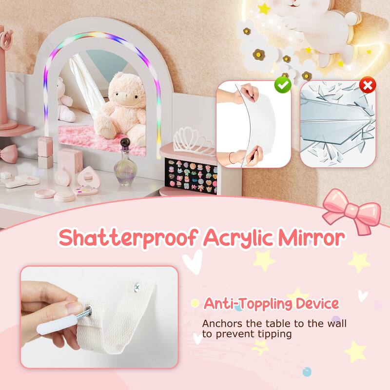 Gymax Kids Vanity Desk w/Mirror & Lights Princess Pretend Play Makeup