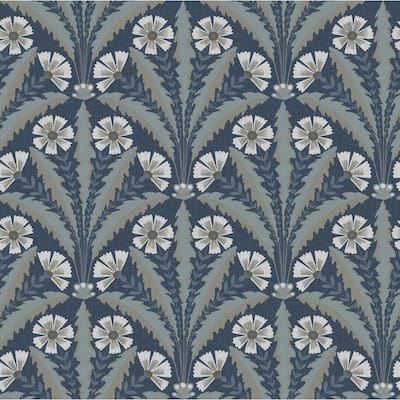 Chesapeake Tap Root Dark Blue Floral Damask Wallpaper