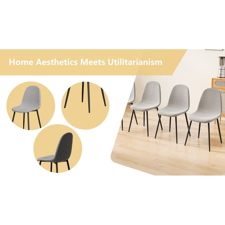 Linen 4 Piece Kitchen Dining Chair Set with Upholstered Cushion, Black Metal Legs for Dining Room Living Room Office Bedroom