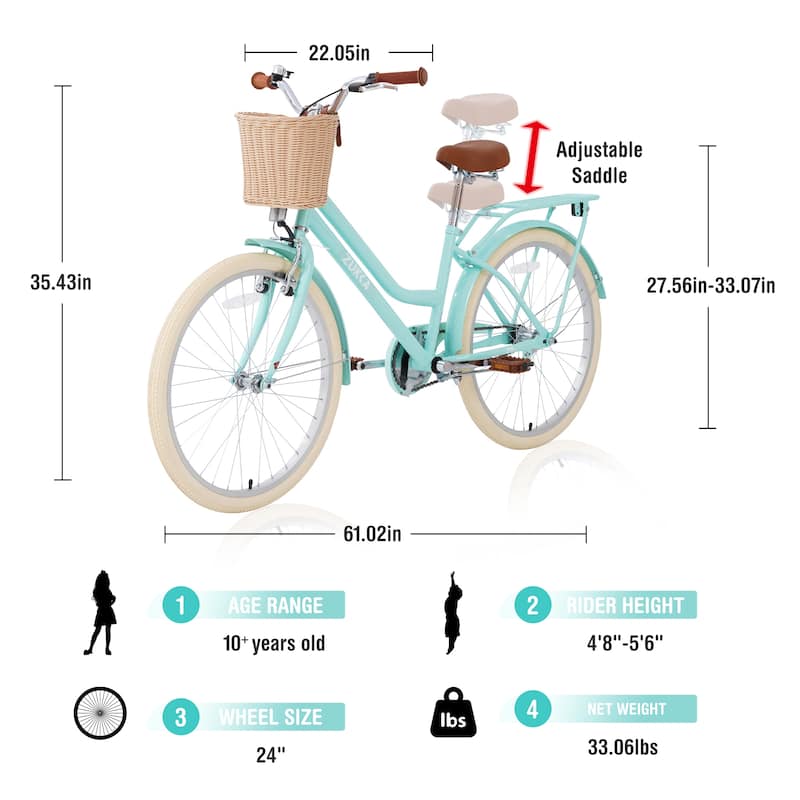 24 inch Outdoor Comfort Single Speed Bike, Steel Frame Road Cycling Bicycle w/Adjustable Genuine Leather Saddle for Kids & Teens