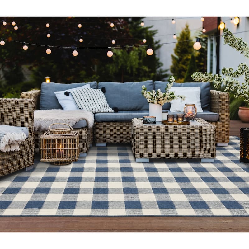 Style Haven Gingham Check Indoor/Outdoor Area Rug.. - 8'6" x 13' - Blue