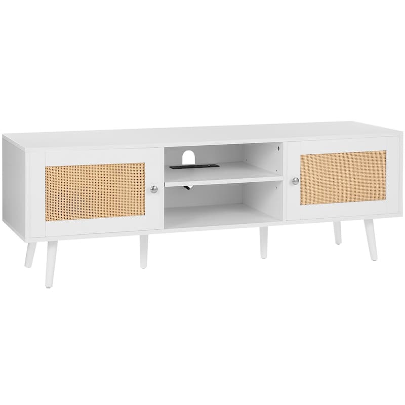 Modern Rattan TV Console for 65 Inch TV with Built-in Power Outlet - 55.1 x 15.8 x 19.7in - White