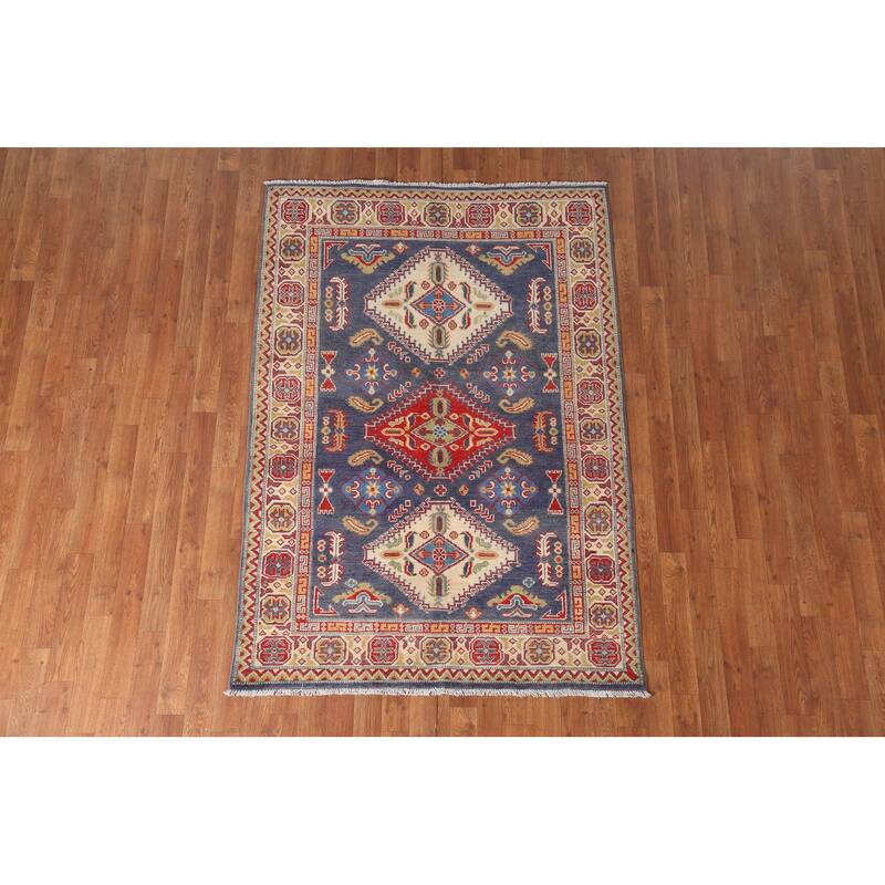 Navy Blue Kazak Area Rug Hand-Knotted Wool Carpet - 4'2" x 6'3"