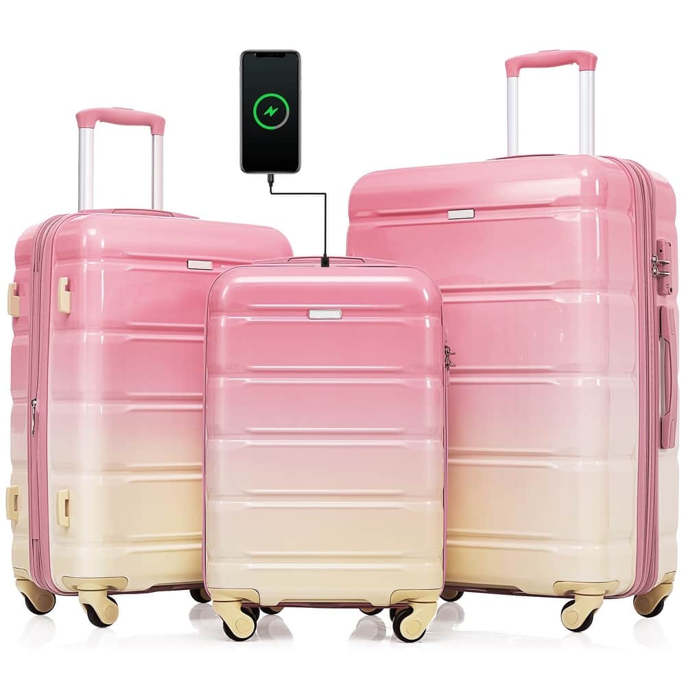 3 Piece Expandable Luggage Set, PC+ABS Durable Hard Shell Carry-on Suitcase with USB Port and Spinner Wheels, for Travel