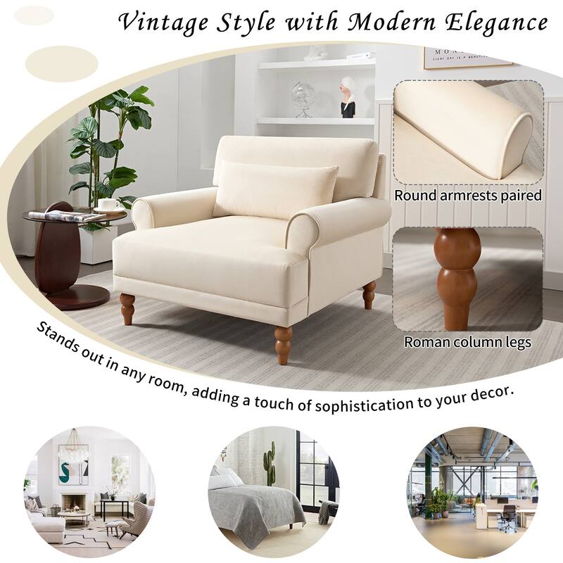Roomfitters Oversized Accent Chair with Circular Armrests, Upholstered Lounge Chair with Lumbar Pillow and Vintage Legs