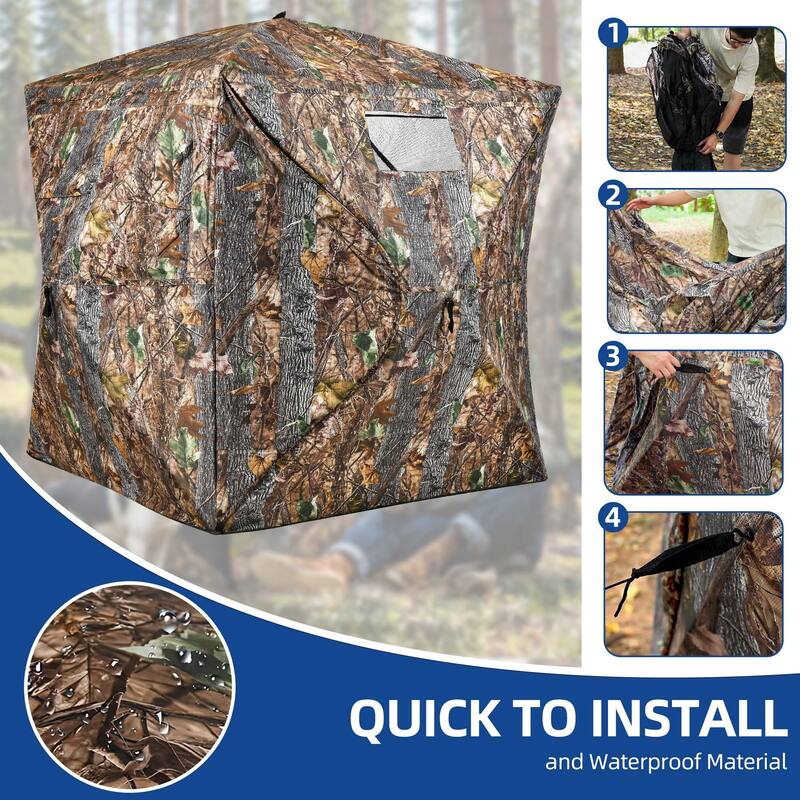 Moasis Hunting Blind 2-3 Person with Hunting Stool, 360 Degree See Through Pop up Ground Blinds for Hunting