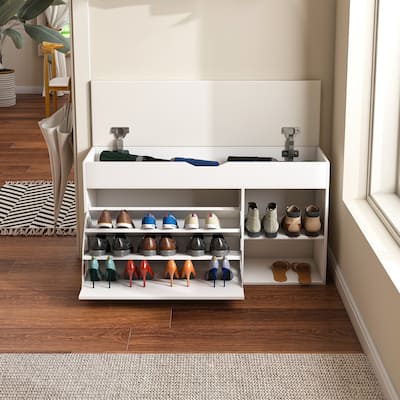 Entryway Bench with Shoe Storage, Adjustable 3-Tier Flip-Up Drawers & Hidden Cabinet, Space-Saving Organizer